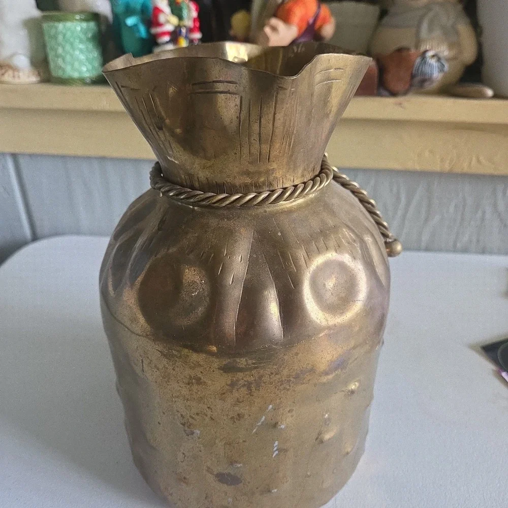 MCM Brass Money Coin Bag Vase Rope Tie Design Spain Patina